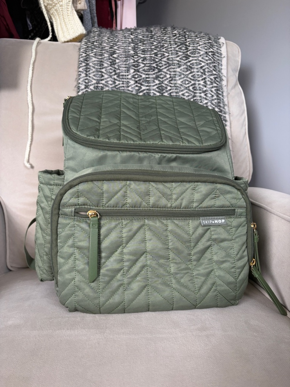 Skip Hop Quilted Olive Green Diaper Backpack Tote